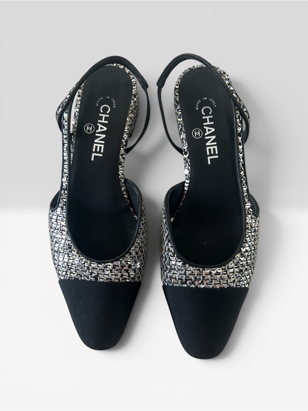 CHANEL Black & Silver Sequin Tweed Cap-Toe Slingback Flats (Women’s size 39)